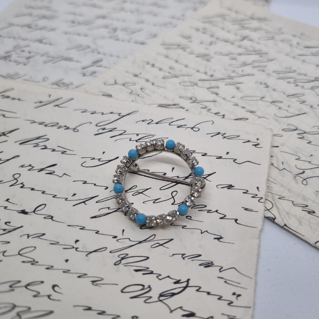 Einzigartige Vintage Brosche Antik 50er Jahre Ring Art Jugendstil Strass Blau