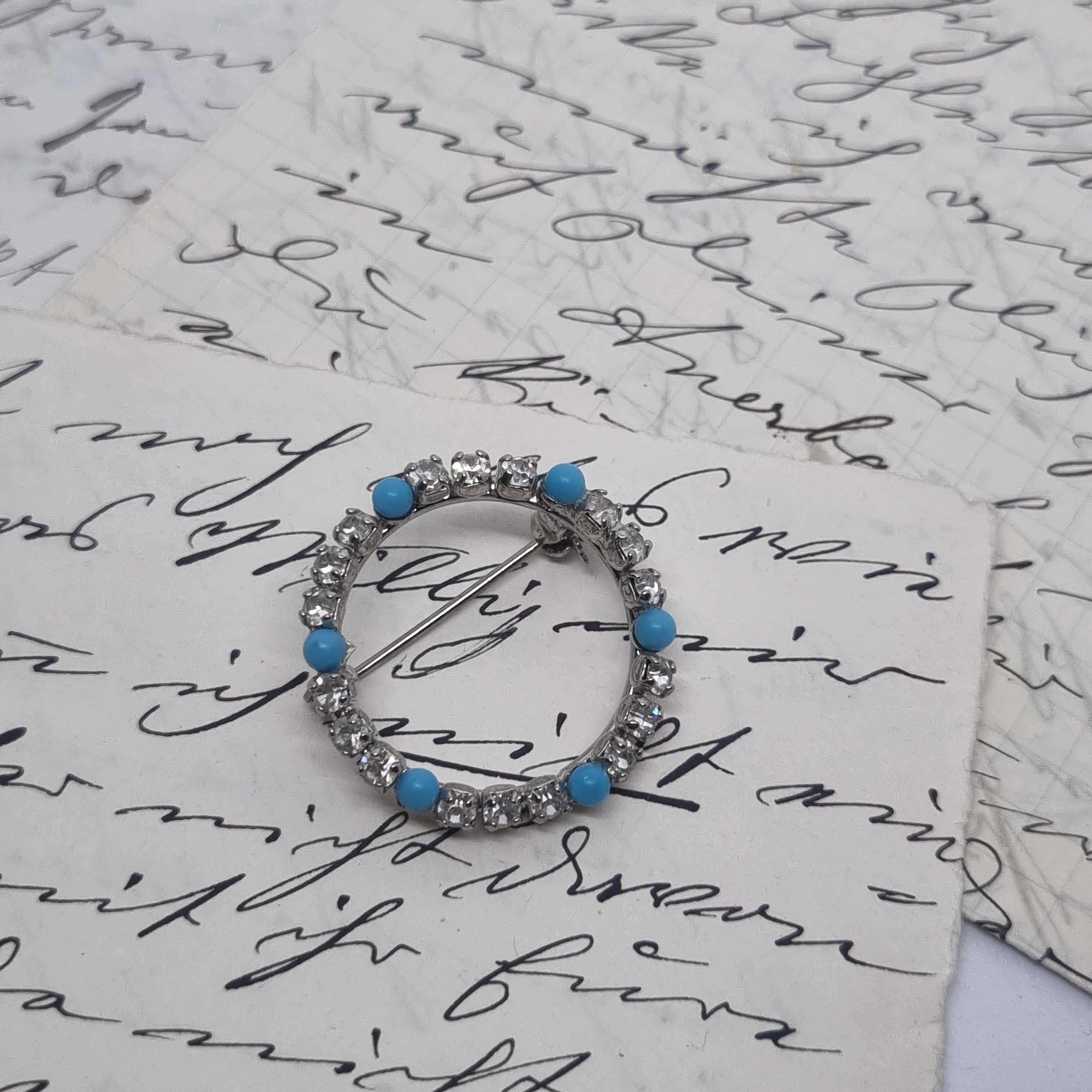 Einzigartige Vintage Brosche Antik 50er Jahre Ring Art Jugendstil Strass Blau