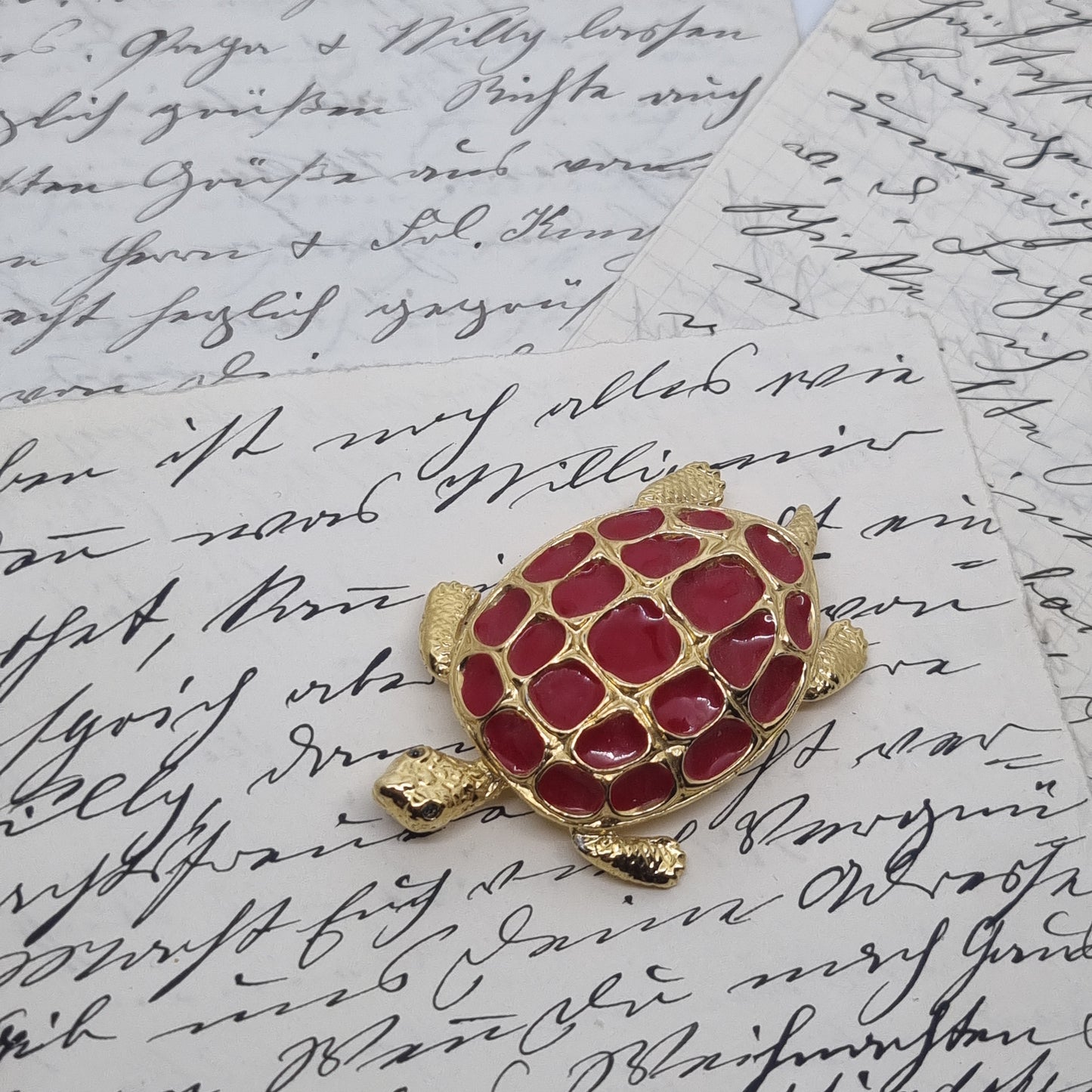 Einzigartige Vintage Brosche Antik 50er Jahre Schildkröte Gold Rot