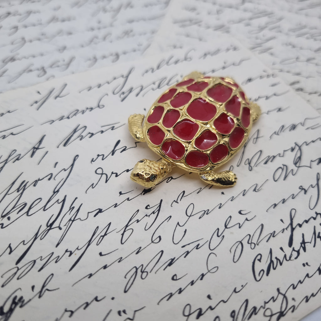 Einzigartige Vintage Brosche Antik 50er Jahre Schildkröte Gold Rot