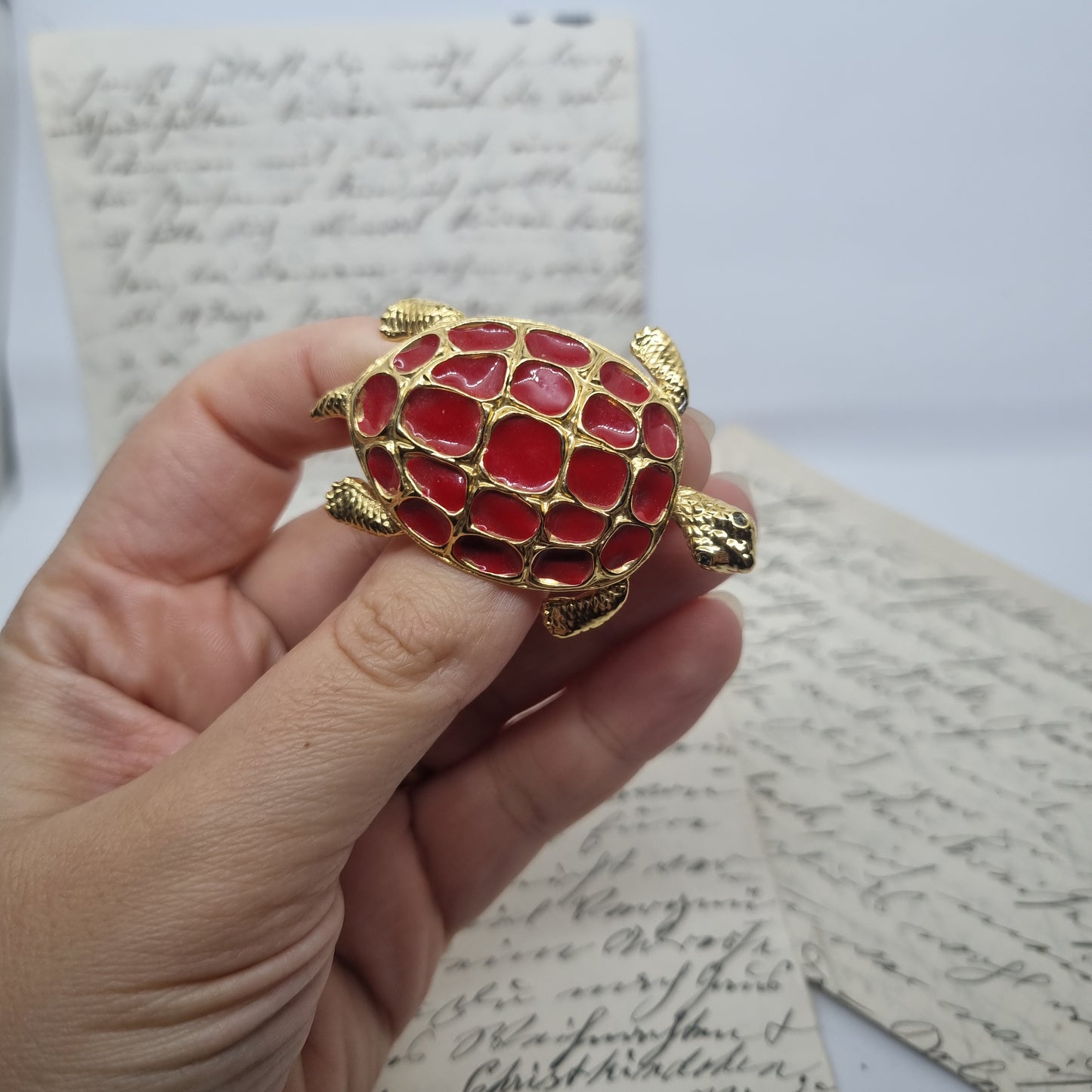 Einzigartige Vintage Brosche Antik 50er Jahre Schildkröte Gold Rot