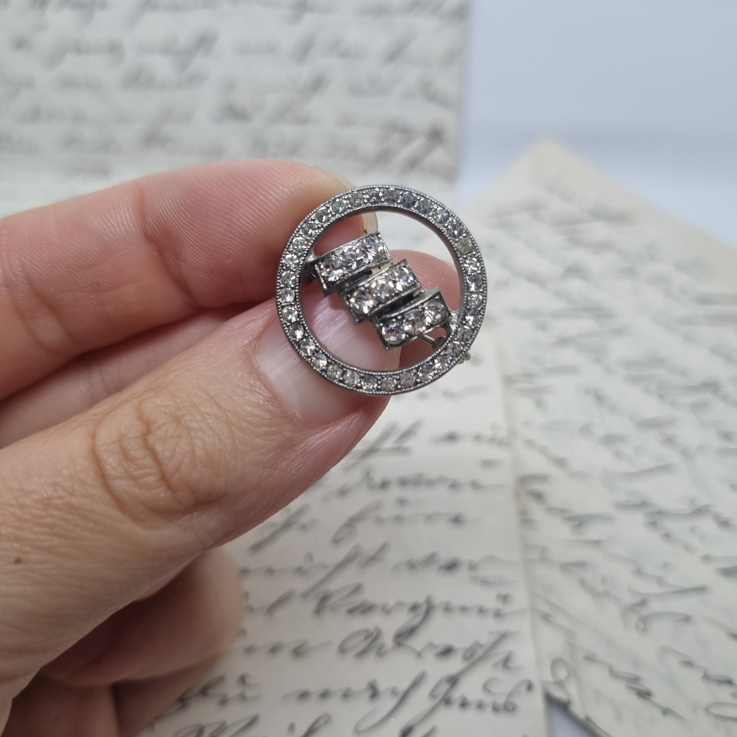 Einzigartige Vintage Brosche Antik 50er Jahre Silber Strass Ring