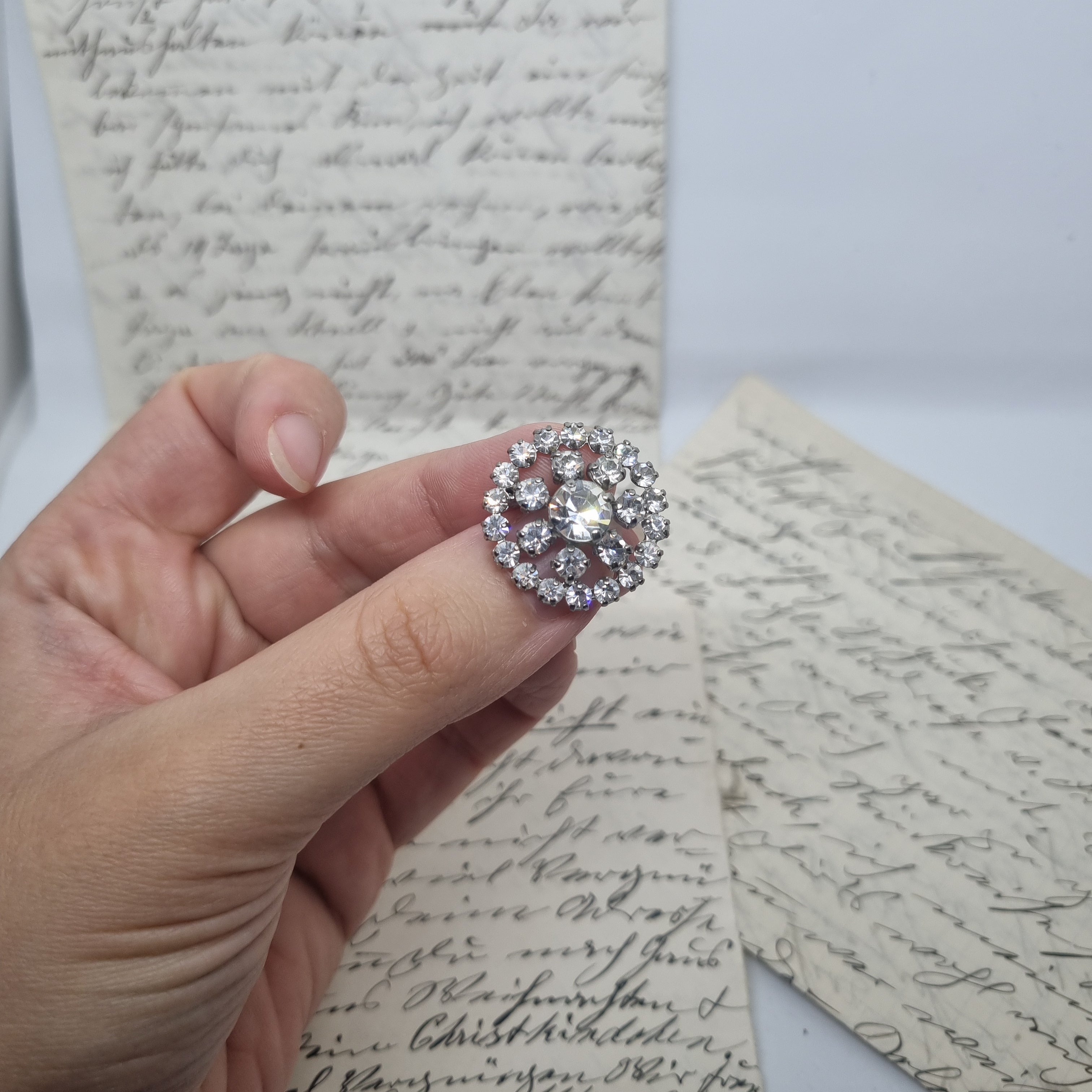 Antike Art Deco Vintage Brosche Antik 50er Jahre Rund Strass Glitzer Silber