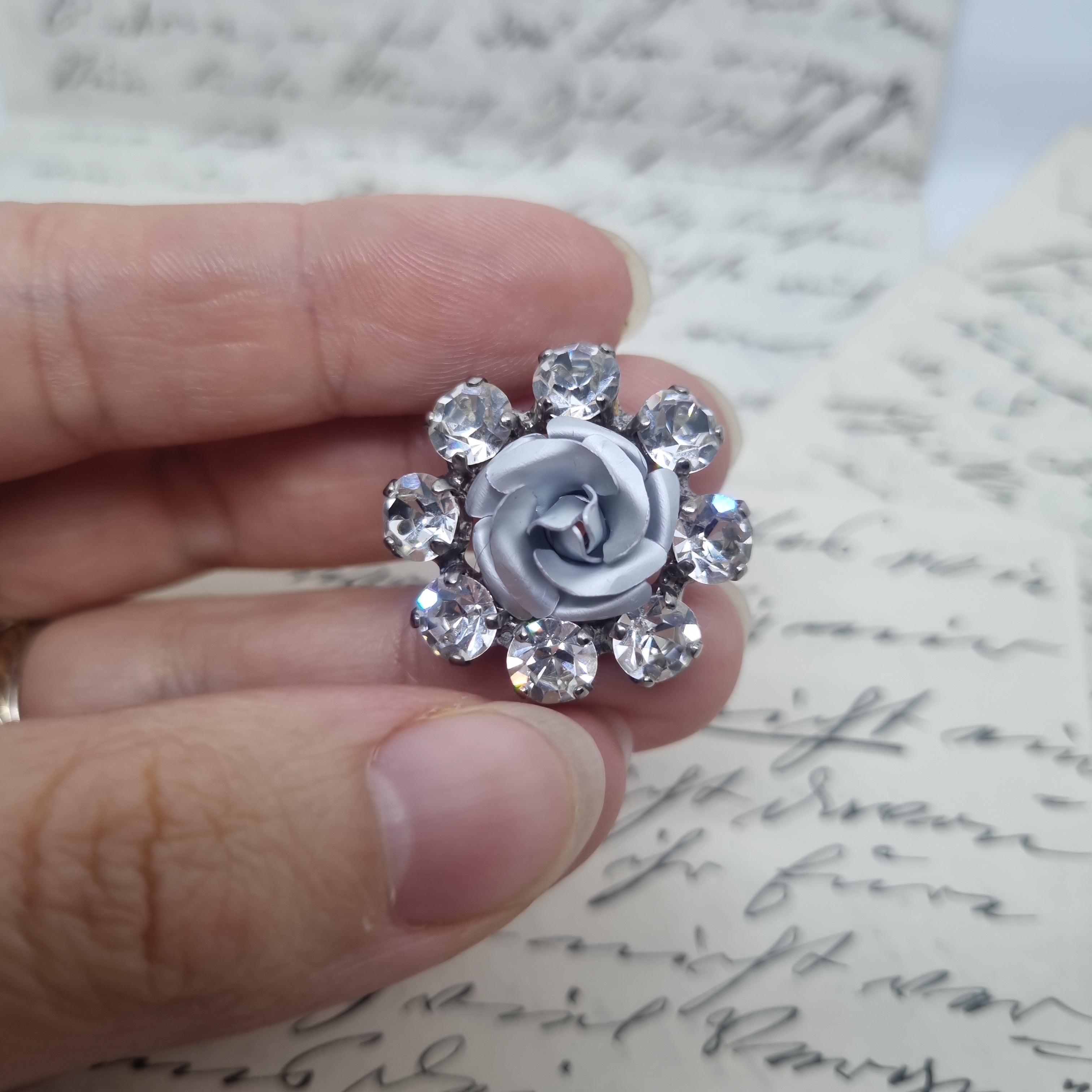 Einzigartige Vintage Brosche Antik 50er Jahre Art Jugendstil Rose Strass Grau