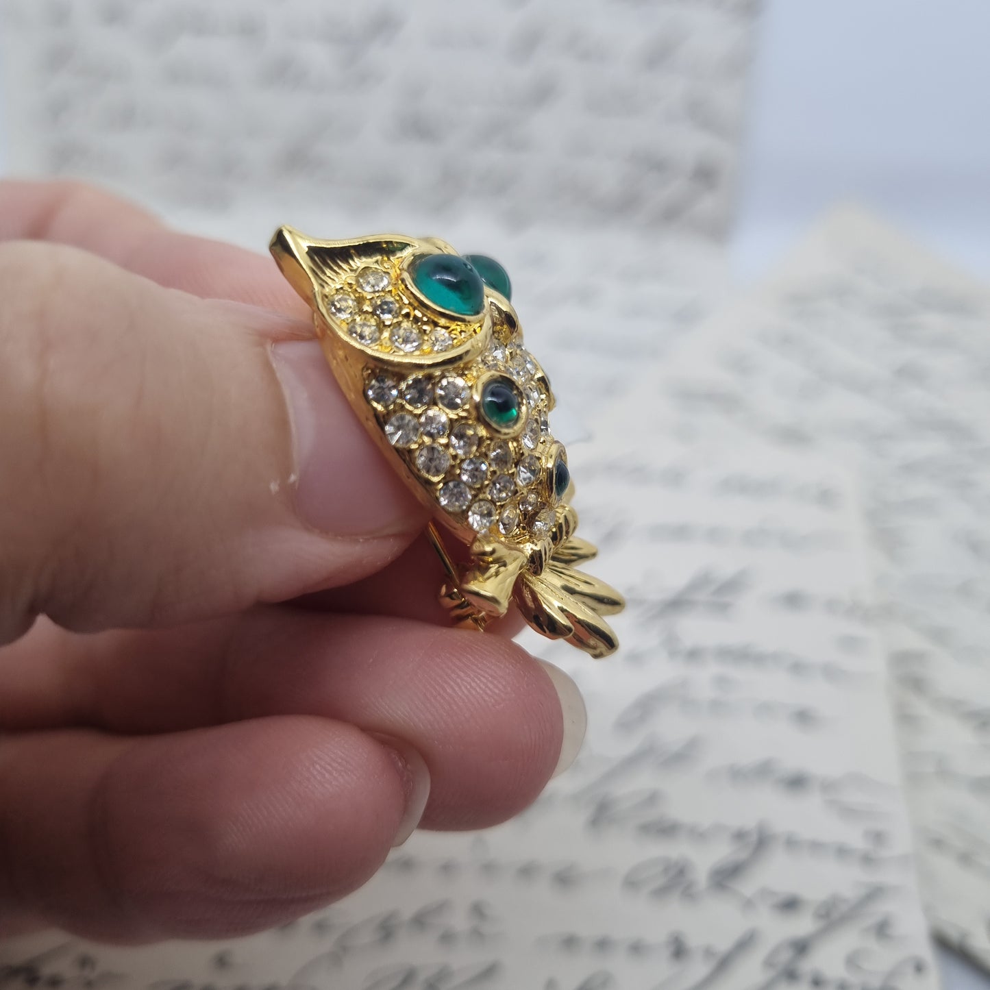 Antike Jugendstil Eule Brosche Antik 50er Jahre Gold Grün Strass Glitzer