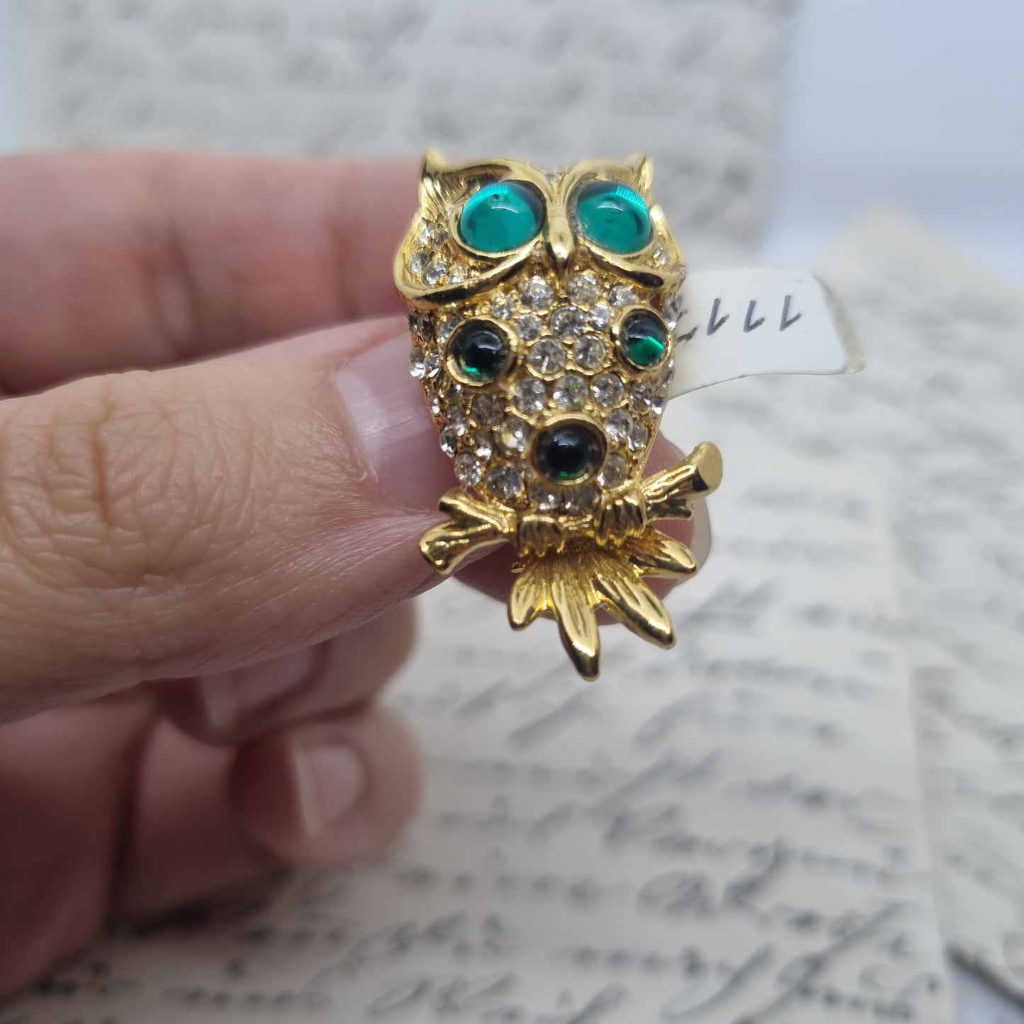 Antike Jugendstil Eule Brosche Antik 50er Jahre Gold Grün Strass Glitzer