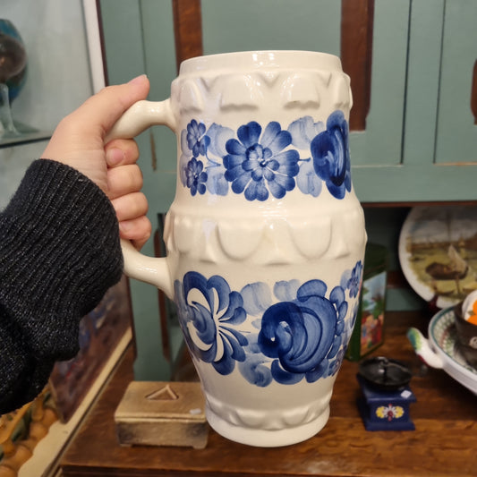 Antike wunderschöne große Vase mit Henkel Krug Beige mit blauen Rosen Blumen