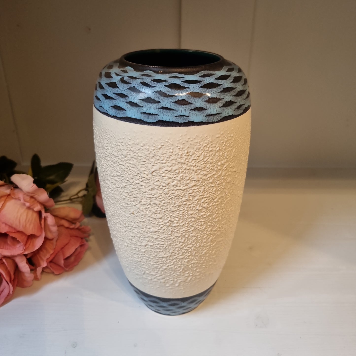 Sehr alte schöne Vintage Keramik Vase Blau Schwarz Beige 50er