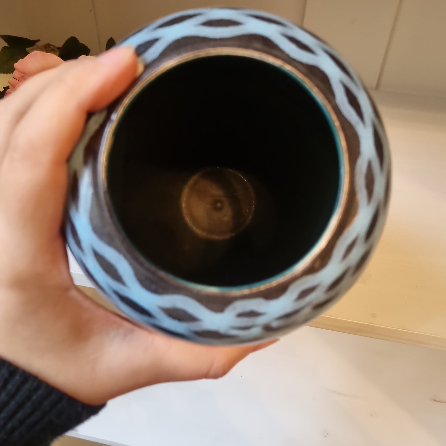 Sehr alte schöne Vintage Keramik Vase Blau Schwarz Beige 50er