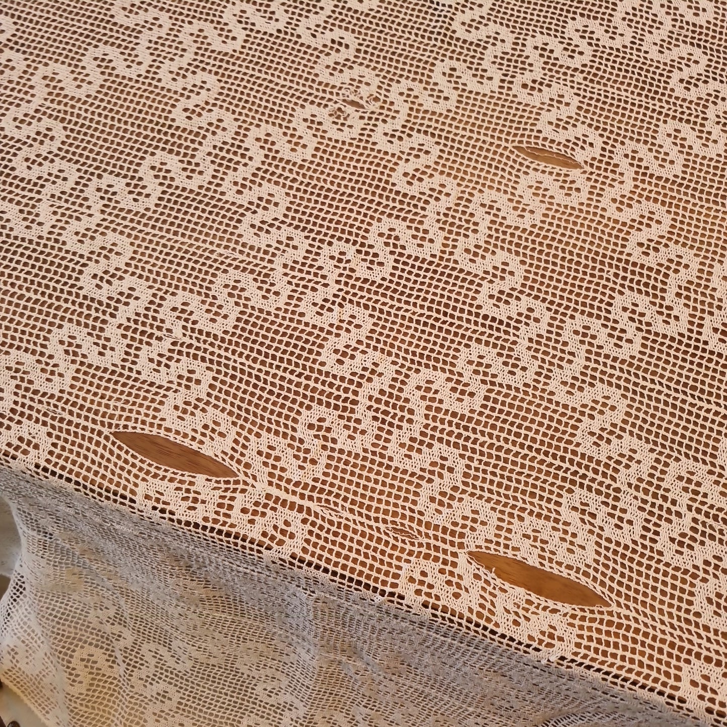 🤍Antike gehäkelte große Tischdecke creme 160x260cm -  beschädigt