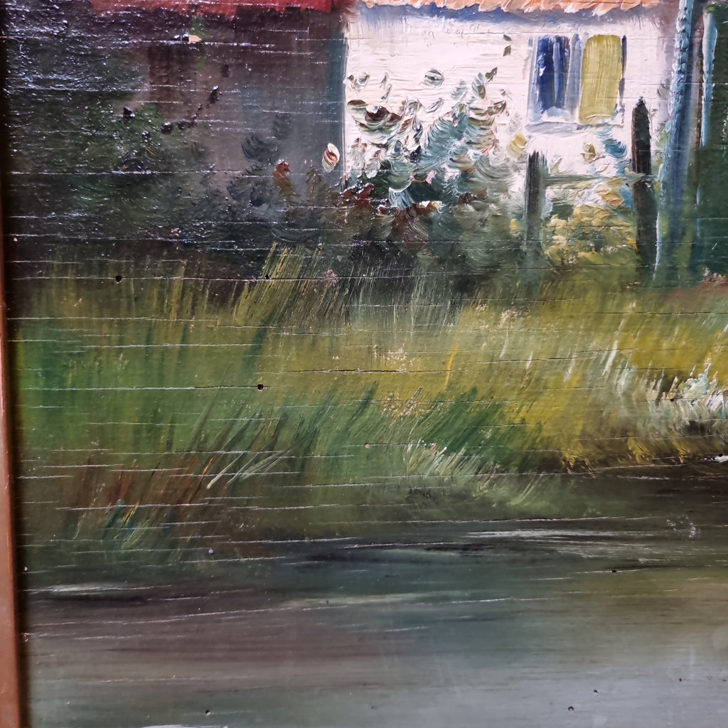 Antikes Gemälde öl auf Holz Landschaft 1929 Brücke Mühle Dorf signiert