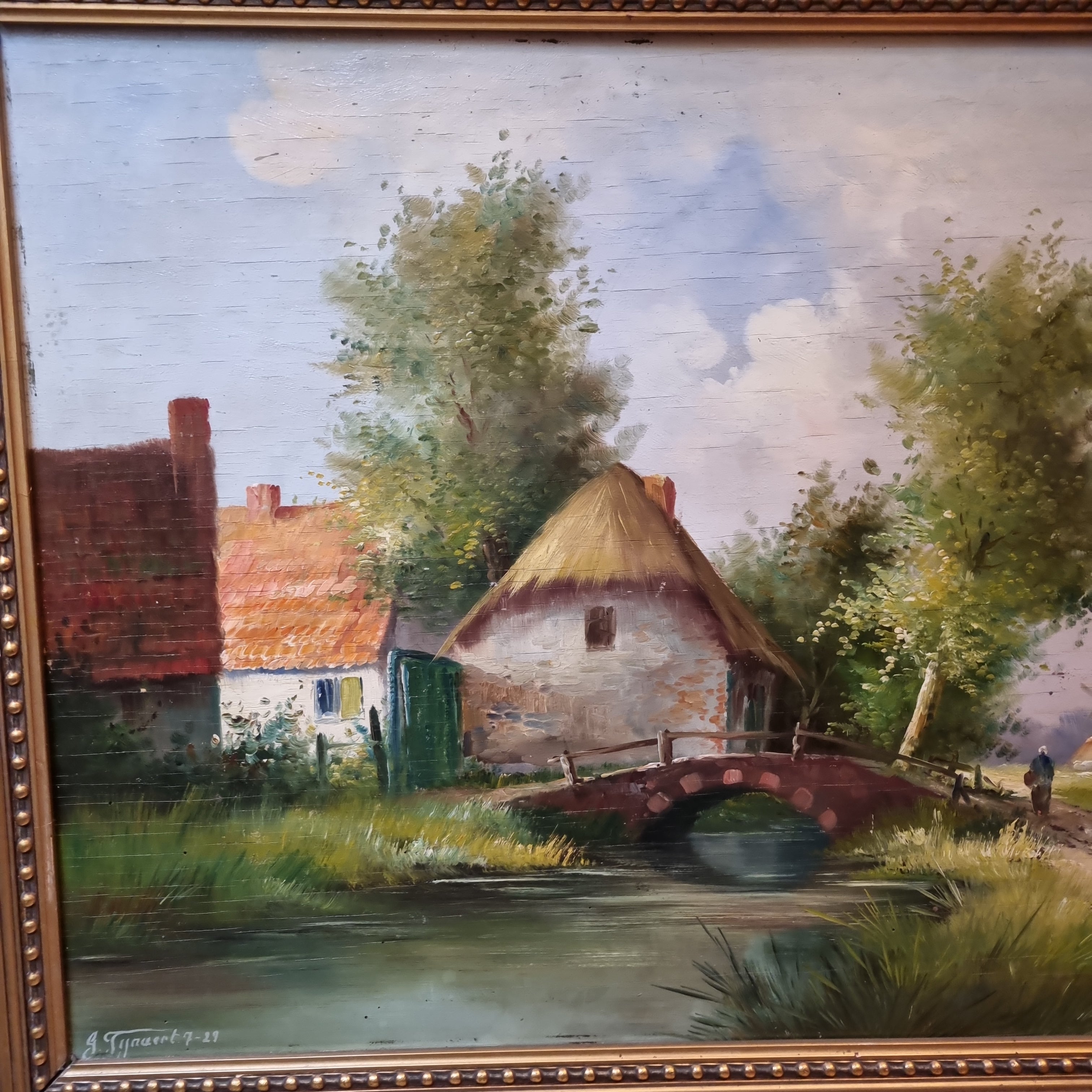 Antikes Gemälde öl auf Holz Landschaft 1929 Brücke Mühle Dorf signiert