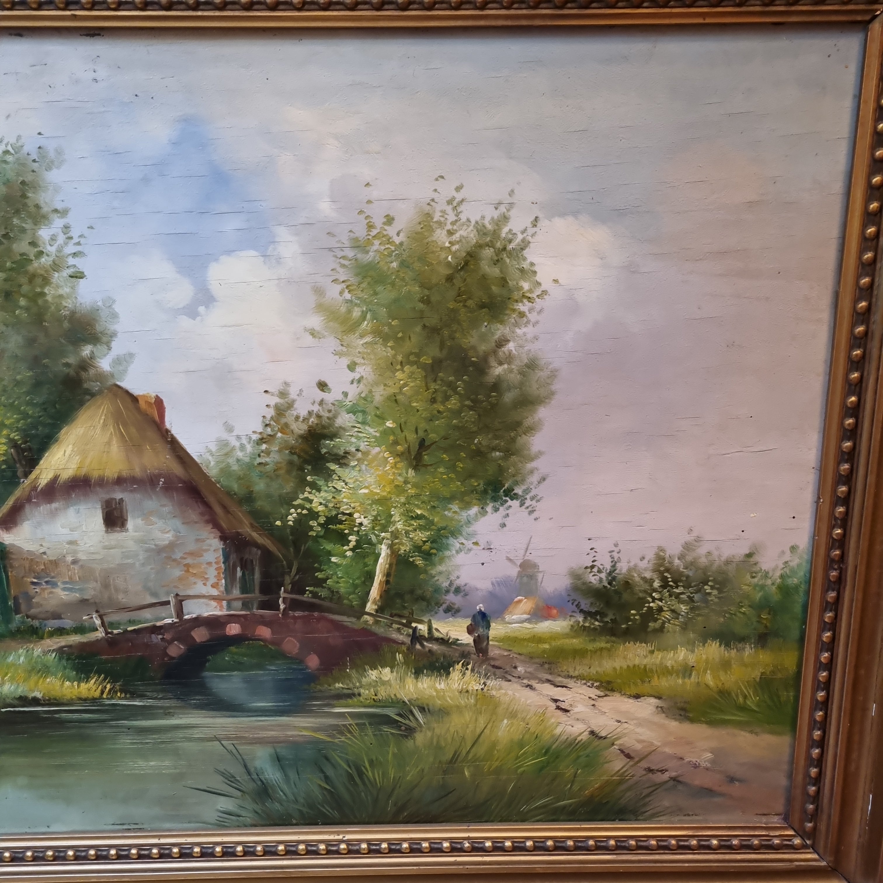 Antikes Gemälde öl auf Holz Landschaft 1929 Brücke Mühle Dorf signiert