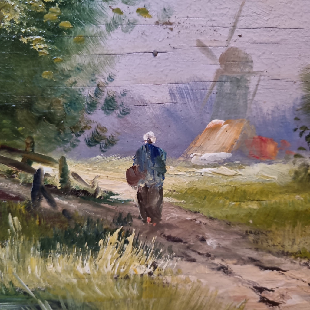 Antikes Gemälde öl auf Holz Landschaft 1929 Brücke Mühle Dorf signiert
