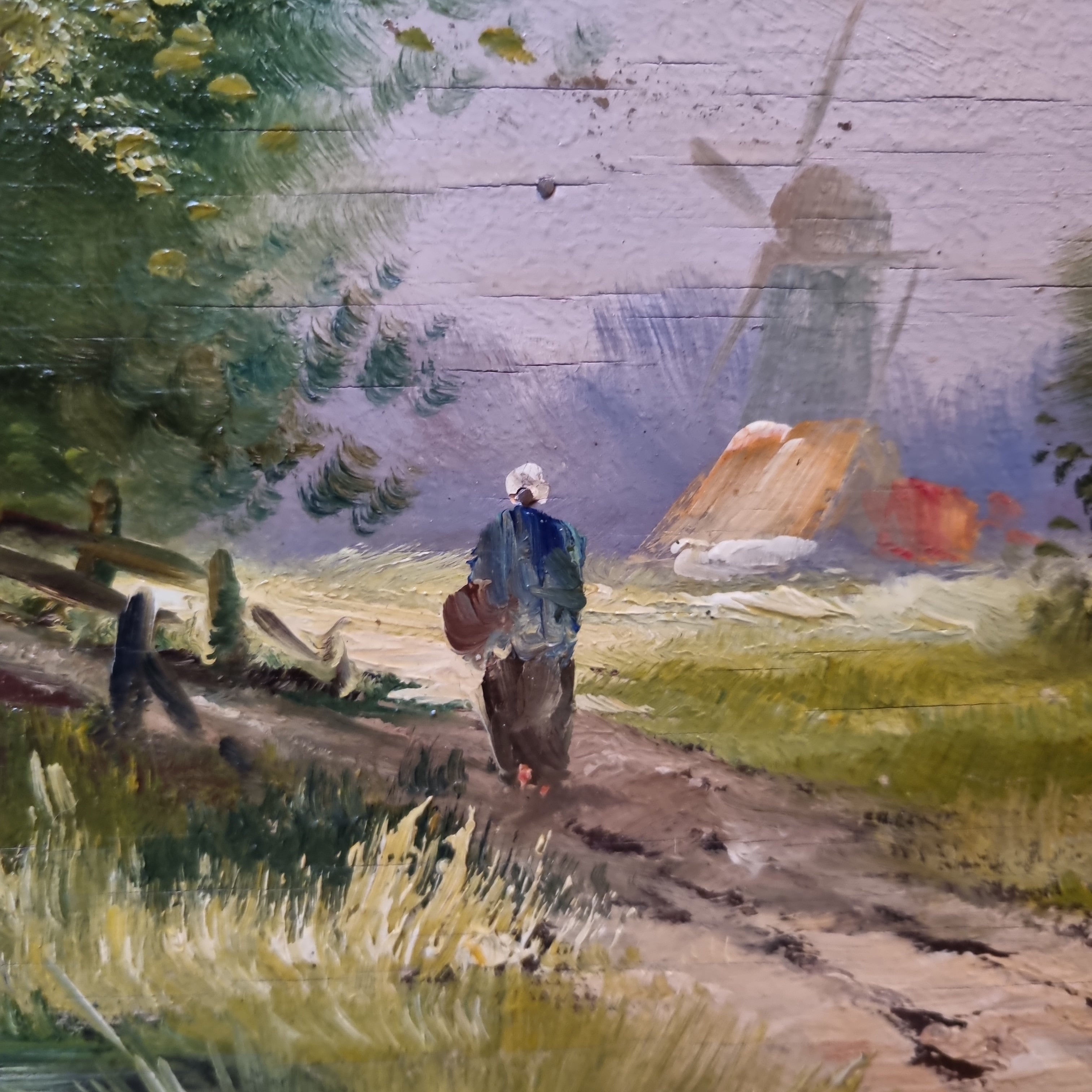 Antikes Gemälde öl auf Holz Landschaft 1929 Brücke Mühle Dorf signiert