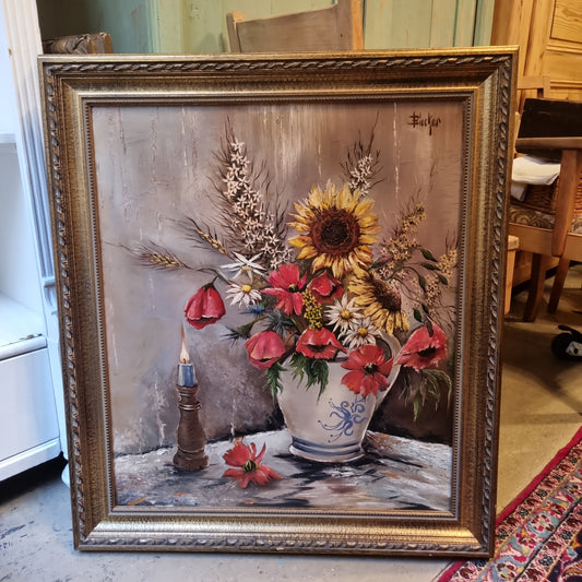 Vintage Gemälde Öl auf Leinwand Stilleben Blumen Kerze Steingut signiert gerahmt