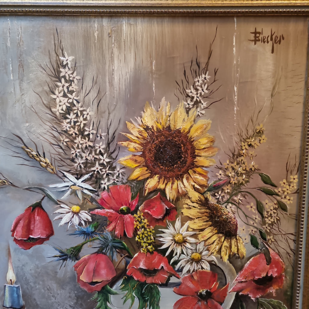 Vintage Gemälde Öl auf Leinwand Stilleben Blumen Kerze Steingut signiert gerahmt