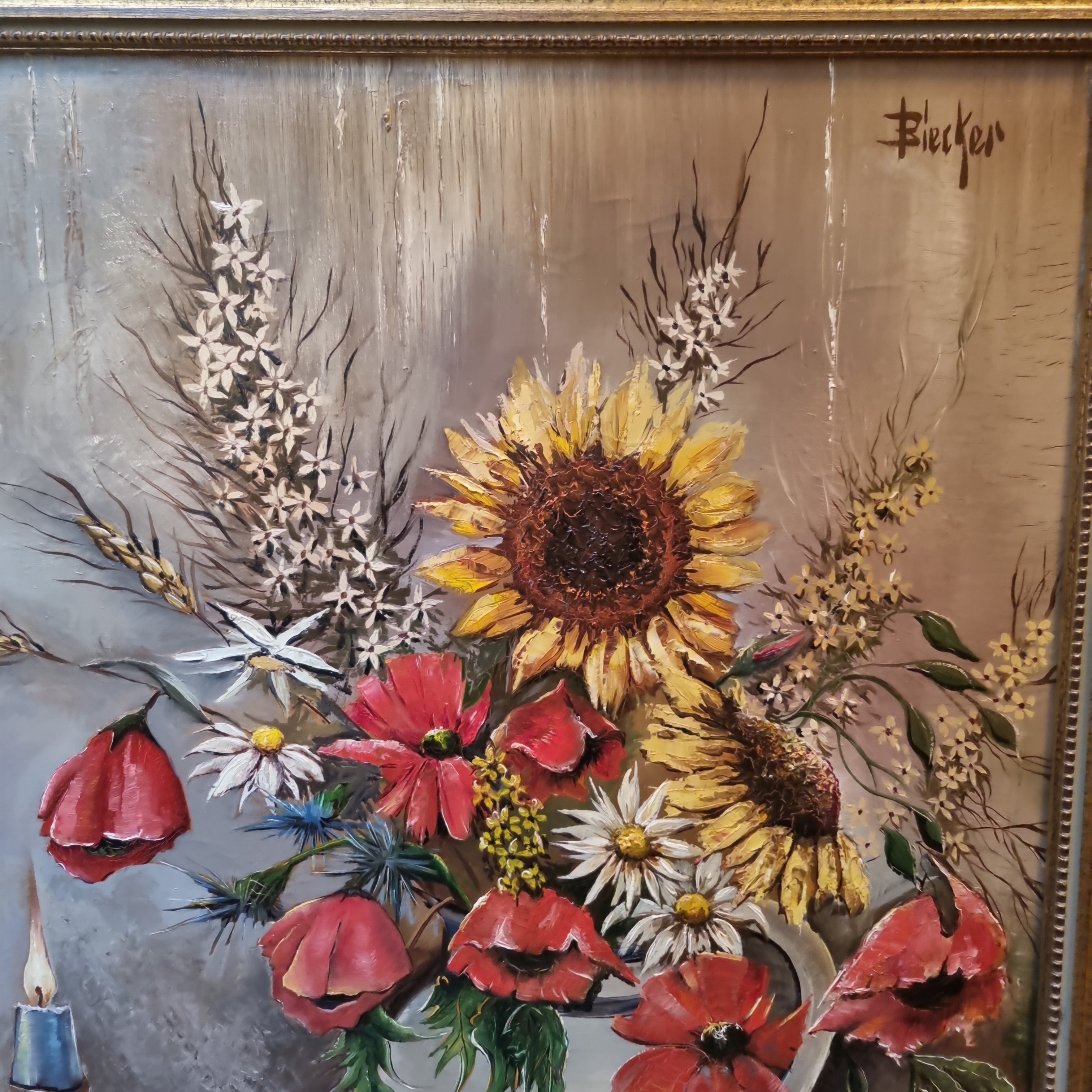 Vintage Gemälde Öl auf Leinwand Stilleben Blumen Kerze Steingut signiert gerahmt