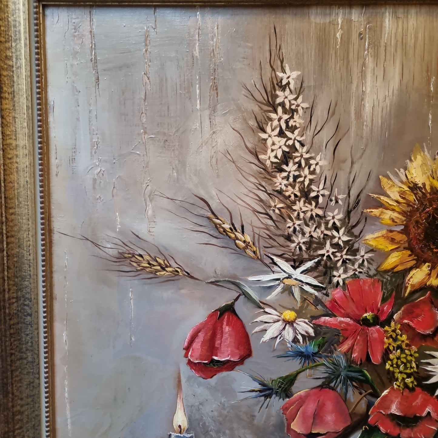 Vintage Gemälde Öl auf Leinwand Stilleben Blumen Kerze Steingut signiert gerahmt