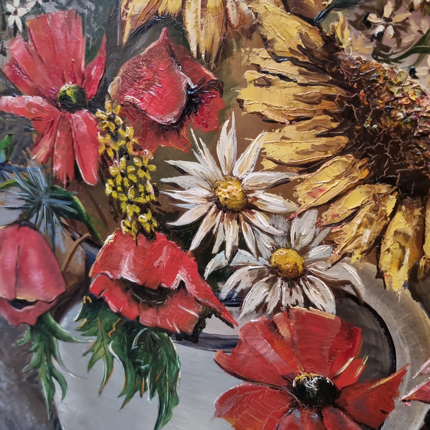 Vintage Gemälde Öl auf Leinwand Stilleben Blumen Kerze Steingut signiert gerahmt