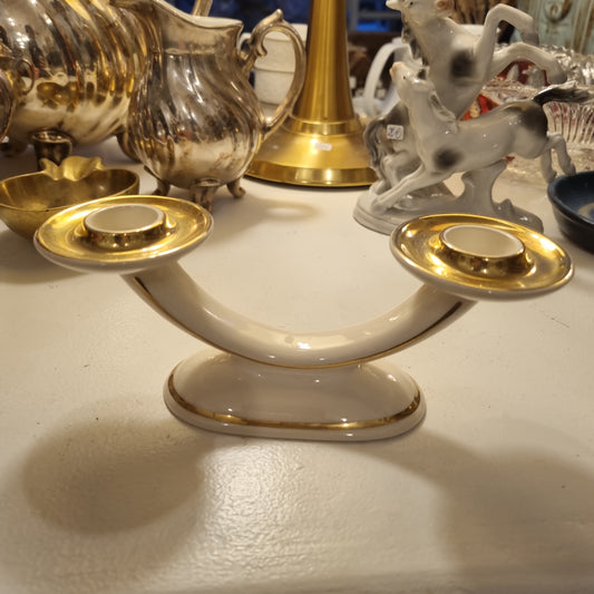 Antiker Kerzenhalter 2 flammig Porzellan Weiß Gold