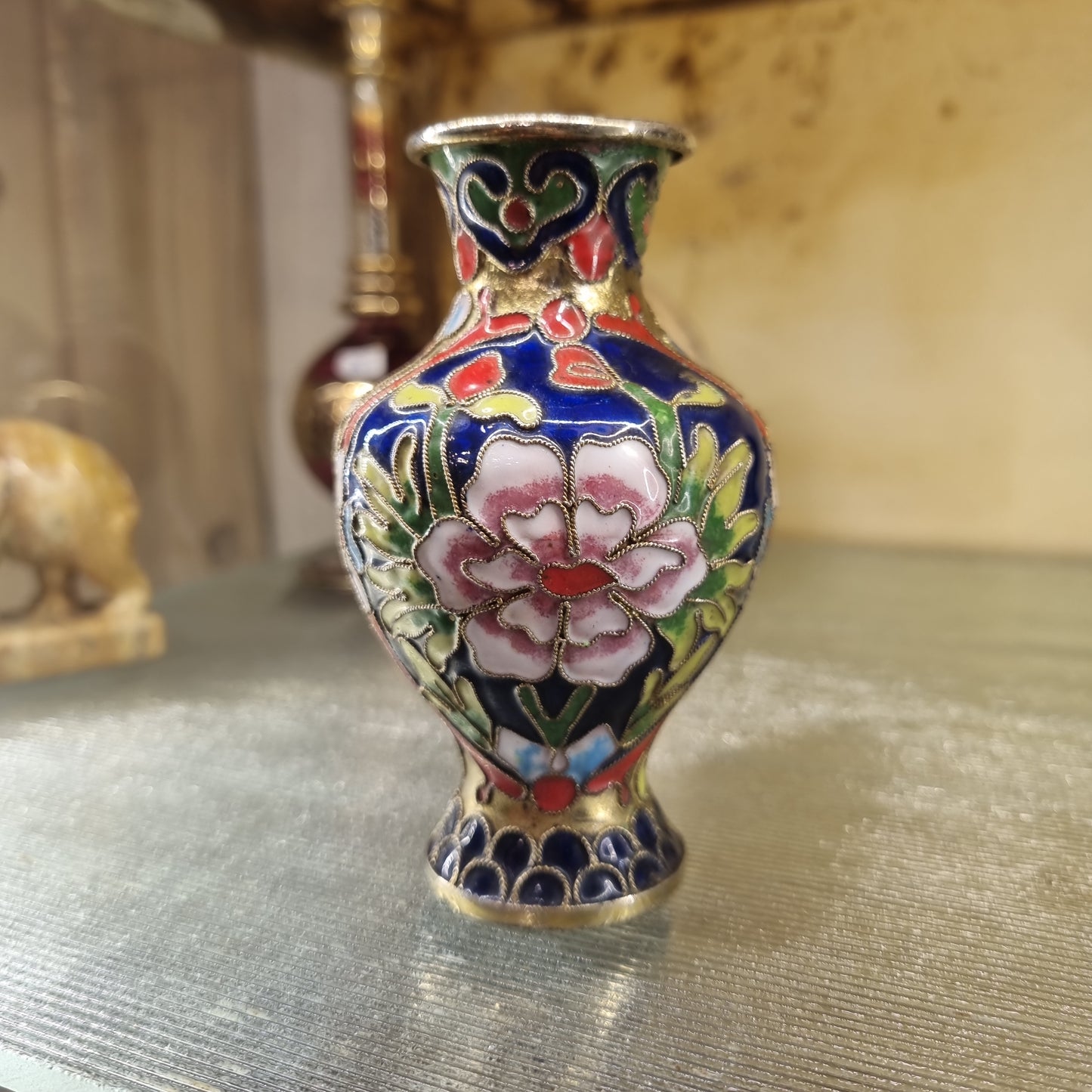 Vintage Emaille Vase klein mit Beule Blumen