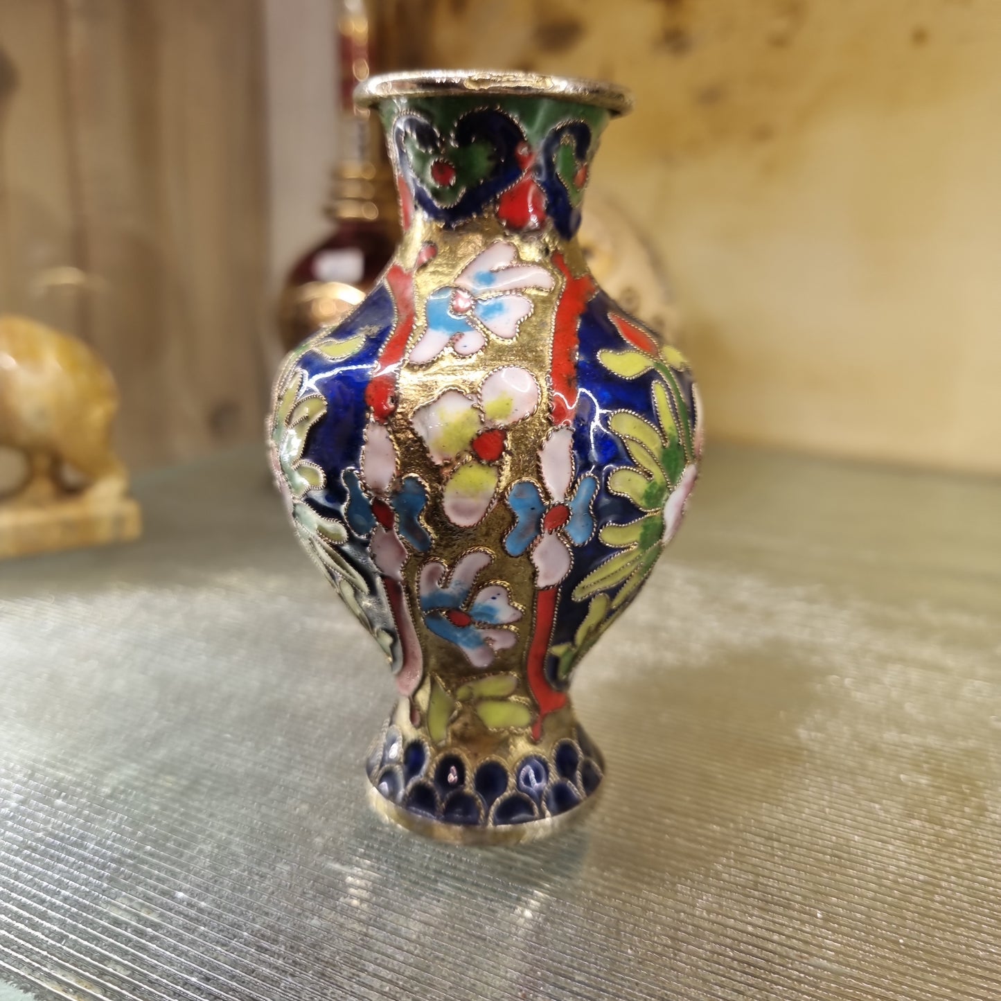 Vintage Emaille Vase klein mit Beule Blumen