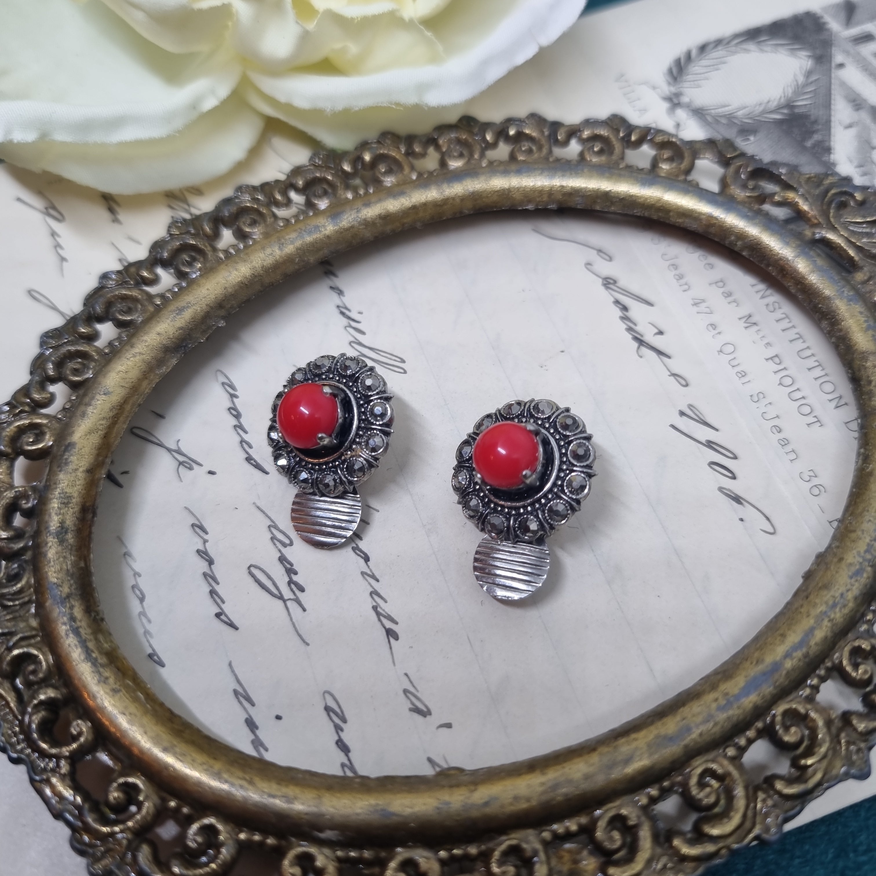Vintage Ohrclips 50er Jahre Massive Runway Ohrringe / Made in West Germany Statement Clips Silber Rot Erzsteine