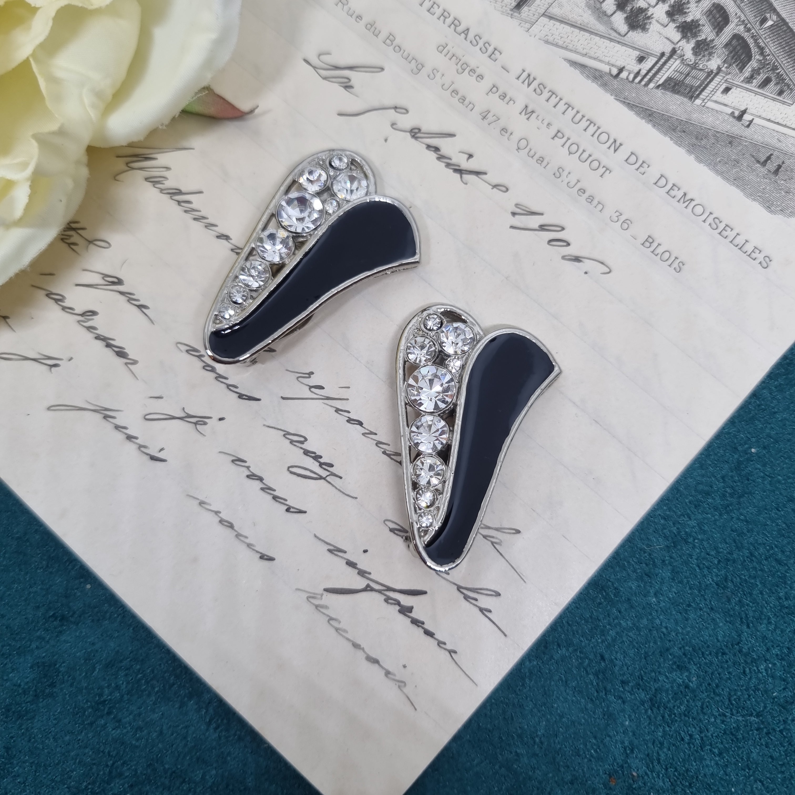 Vintage Ohrclips 50er Jahre Massive Runway Ohrringe / Made in West Germany Statement Clips Silber Strass schwarz