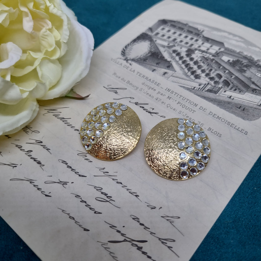 Vintage Ohrclips 50er Jahre Massive Runway Ohrringe / Made in West Germany Statement Clips Silber Gold Strass Rund