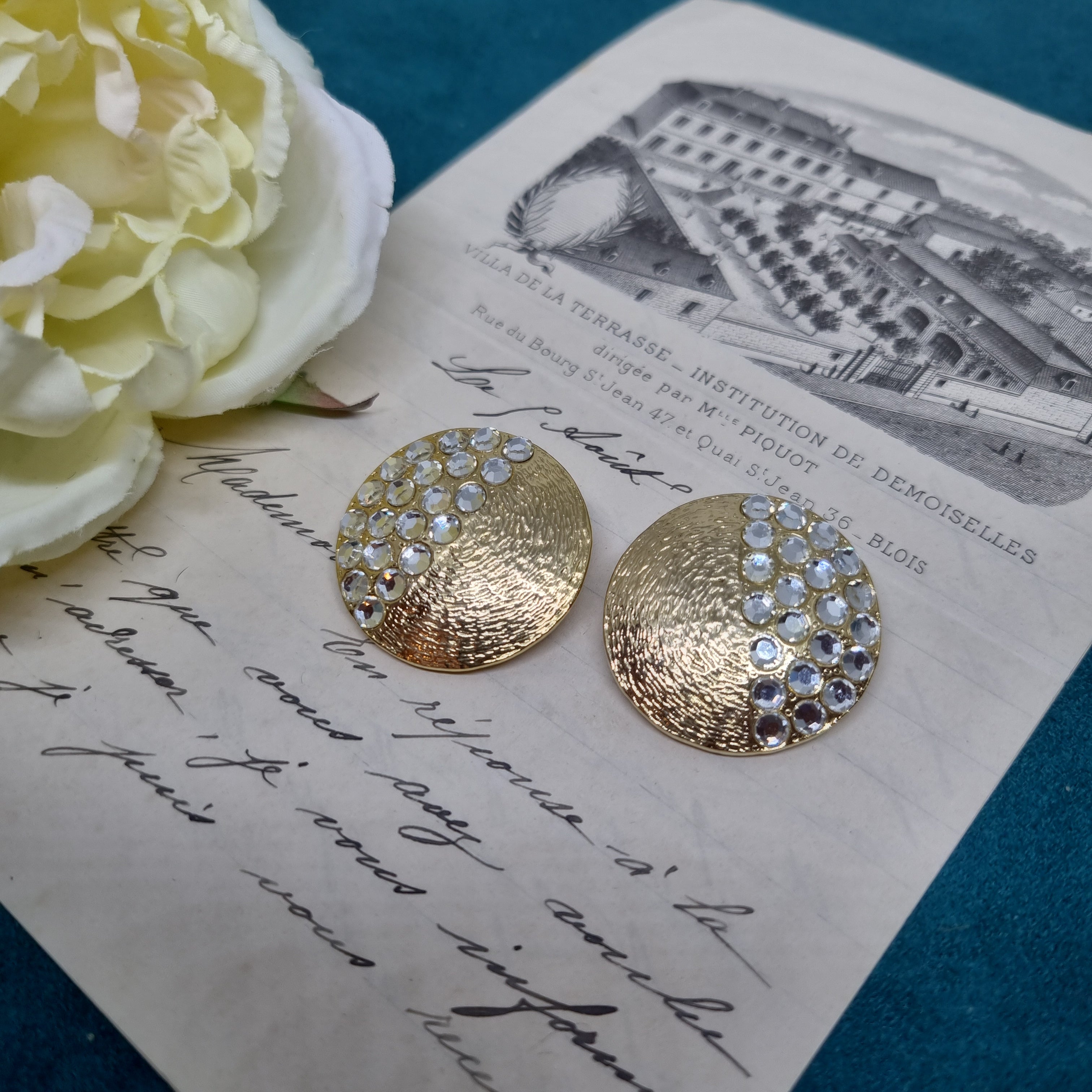 Vintage Ohrclips 50er Jahre Massive Runway Ohrringe / Made in West Germany Statement Clips Silber Gold Strass Rund