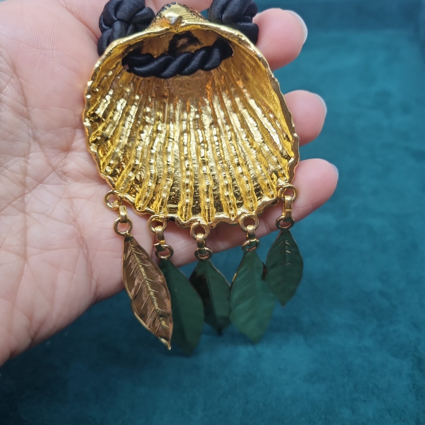 Hübsche Vintage Halskette Massiv Seil Handmade Kette Muschel Sommer Gold Edel Schwer Blätter Schwarz