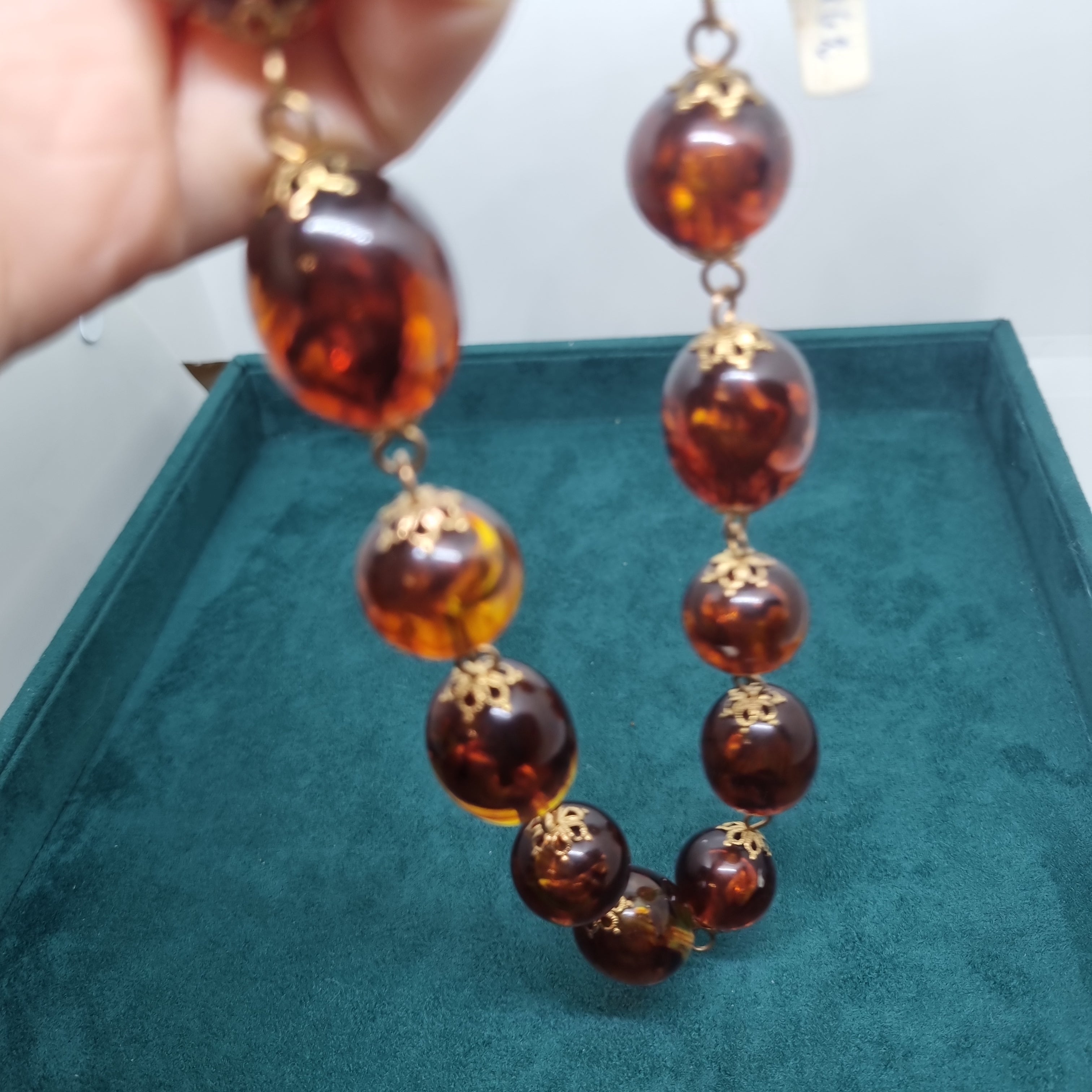 Hübsche Vintage Halskette Handmade Kette Bernstein? Steine Edel Braun Gold