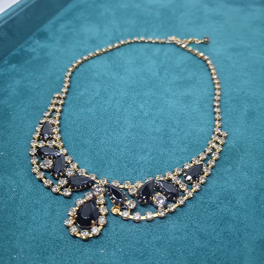 Strasssteinkette Vintage Collier Halskette Strass Kette Modeschmuck funkelnde Steine schwarz