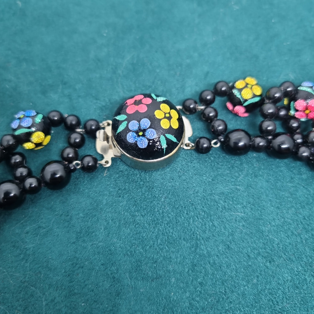 Wunderschöne schwarze Perlen Vintage Halskette Collier Handmade Blume osteuropäisch