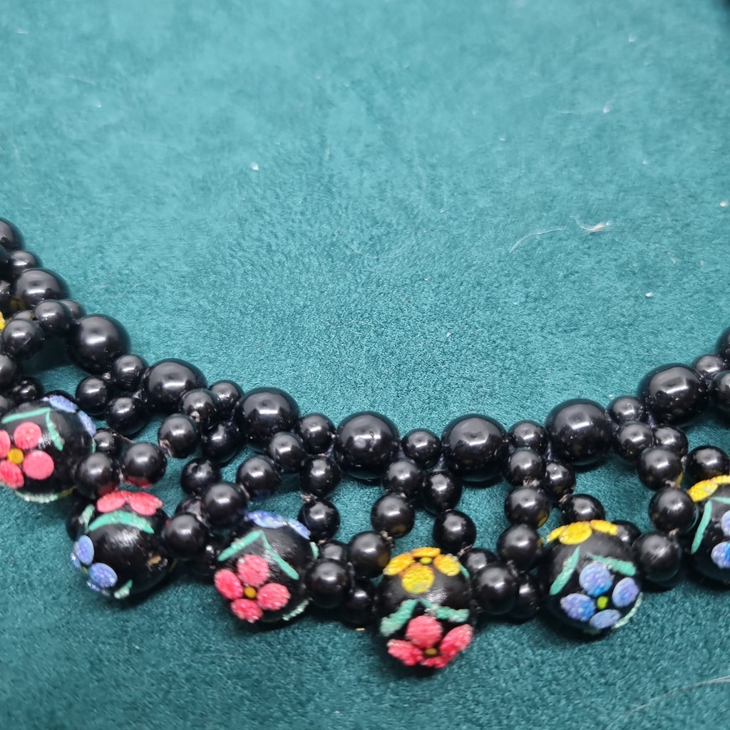 Wunderschöne schwarze Perlen Vintage Halskette Collier Handmade Blume osteuropäisch