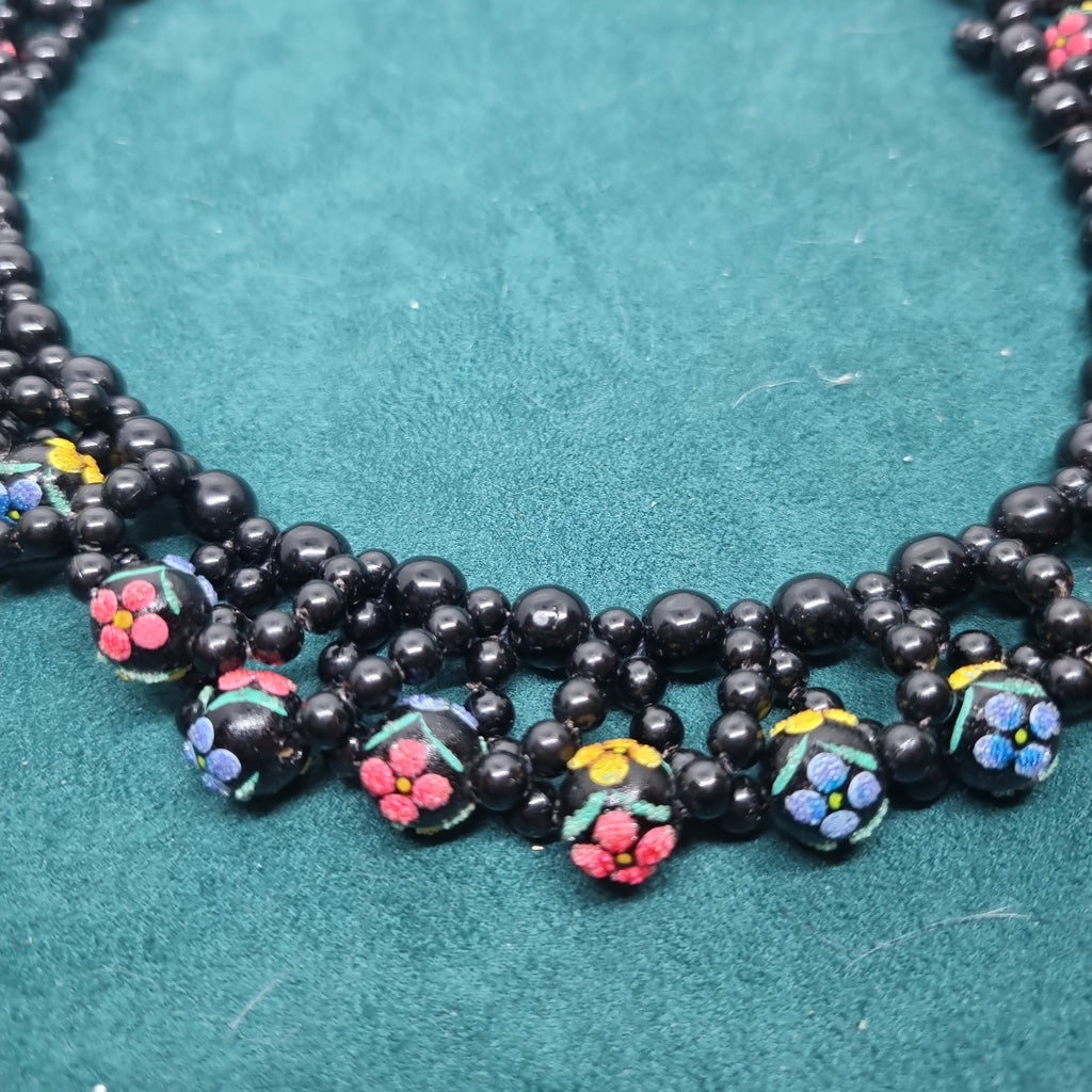 Wunderschöne schwarze Perlen Vintage Halskette Collier Handmade Blume osteuropäisch