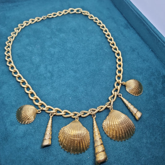 Hübsche Vintage Halskette Massiv Handmade Kette Muschel Sommer Gold Edel