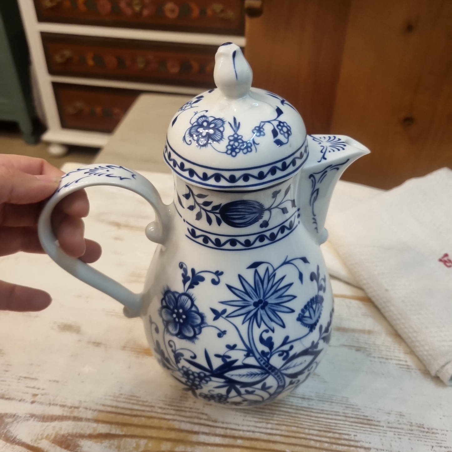 Kahla Zwiebelmuster Kaffeekanne Kanne Tee Vintage blau weiß