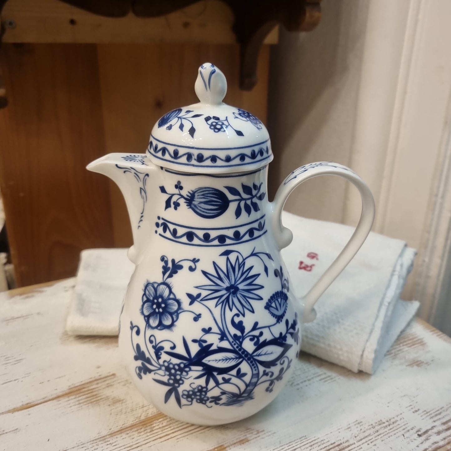 Kahla Zwiebelmuster Kaffeekanne Kanne Tee Vintage blau weiß