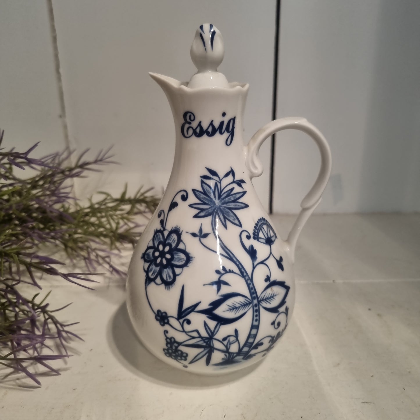 Altes Essig Kännchen mit Deckel Indisch Blau Strohblume Vintage Essigspender Ölspender