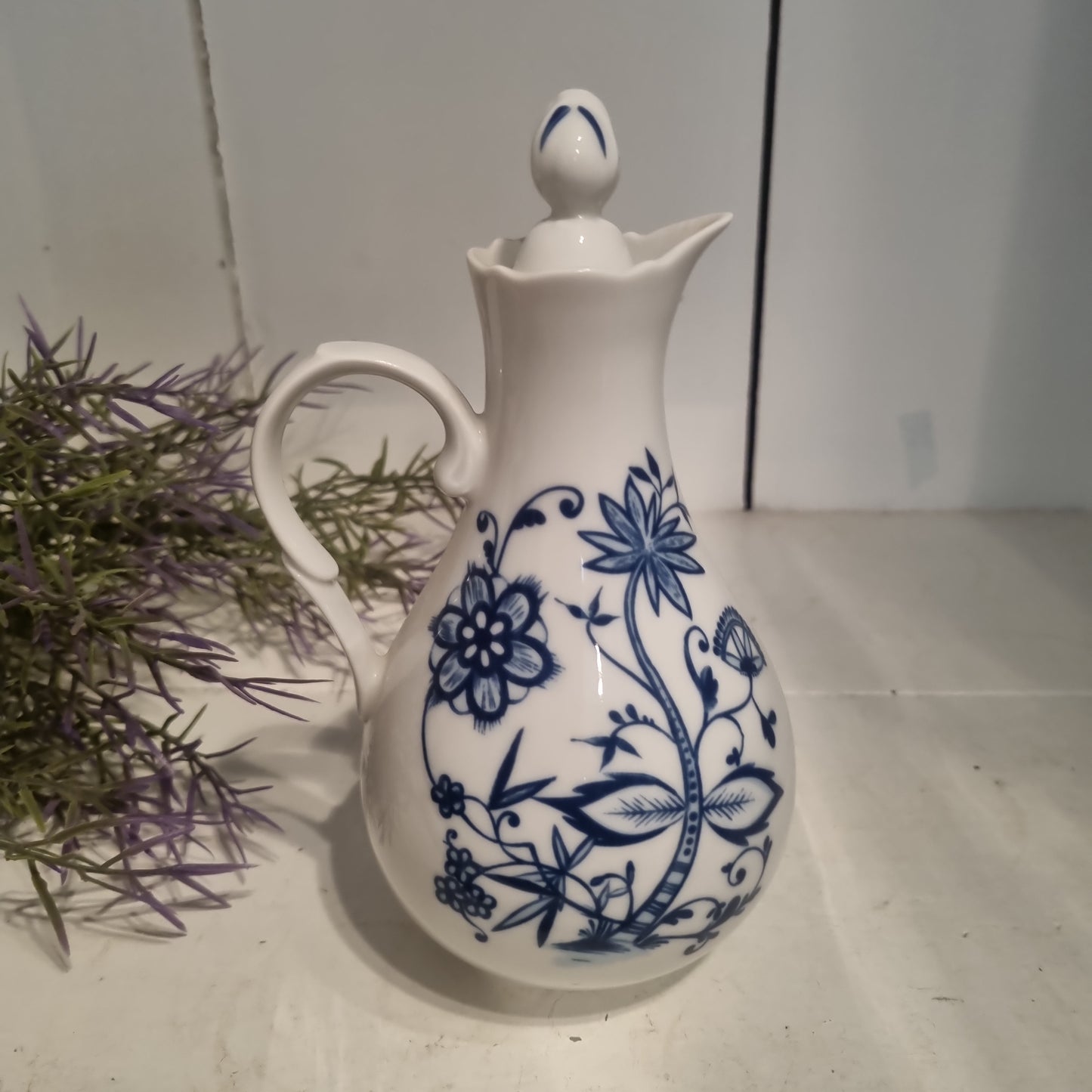 Altes Essig Kännchen mit Deckel Indisch Blau Strohblume Vintage Essigspender Ölspender