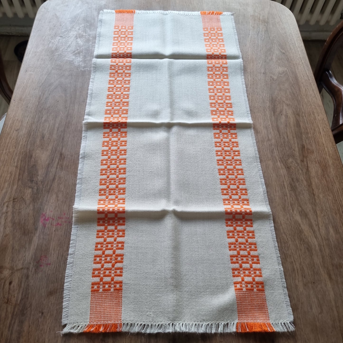 🤍Retro Vintage Tischdecke gewebt Tischläufer 70er Jahre weiß orange DDR 93x41cm