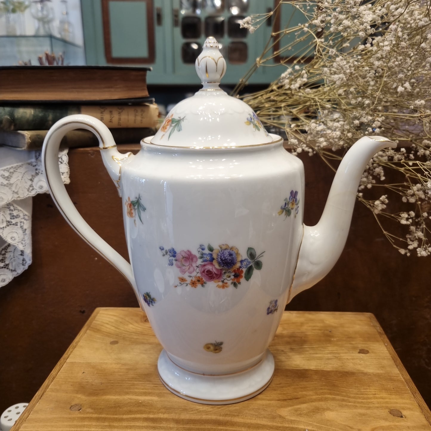 Antike Rosenthal Bavaria Empire Porzellan Kaffeekanne Teekanne Groß mit Blumenmuster