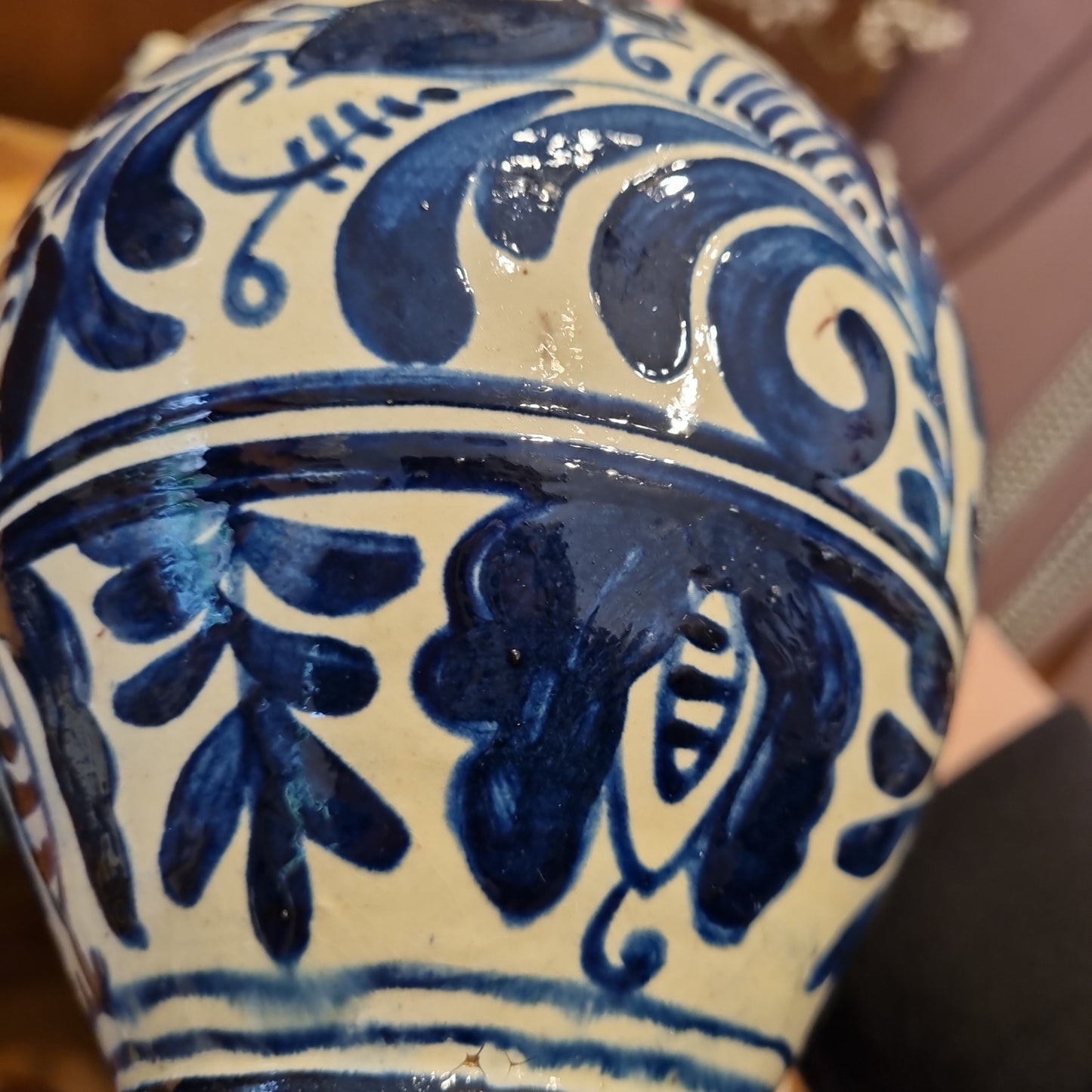 Alte Steingut Vase Kanne Krug für Trockenpflanzen weiß blau