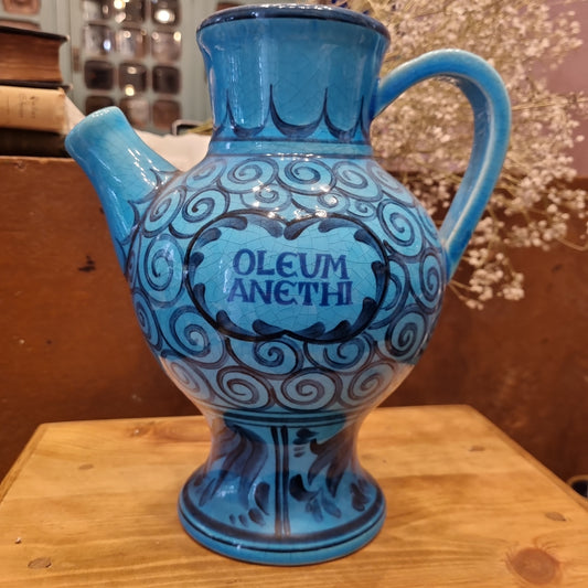 Alte Steingut Vase Kanne Krug blau Aufschrift Oleum Anethi