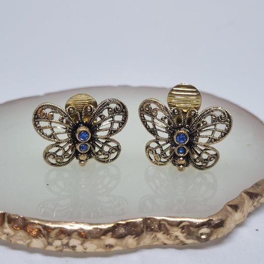 50er Jahre Vintage Ohrclips Schmetterling Handmade in W.Germany Gold Blau Geschenk