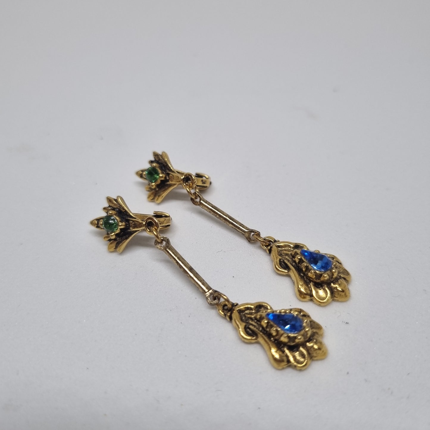 Antike Art Biedermeier Ohrringe Clips Gold blau grün Strass Vintage 50er Jahre