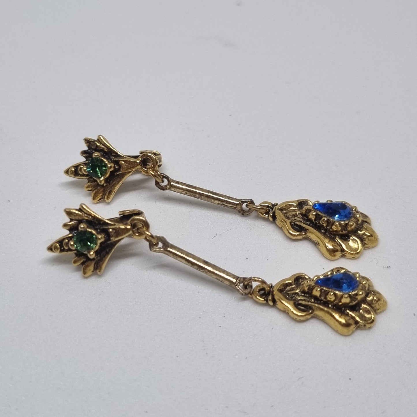 Antike Art Biedermeier Ohrringe Clips Gold blau grün Strass Vintage 50er Jahre