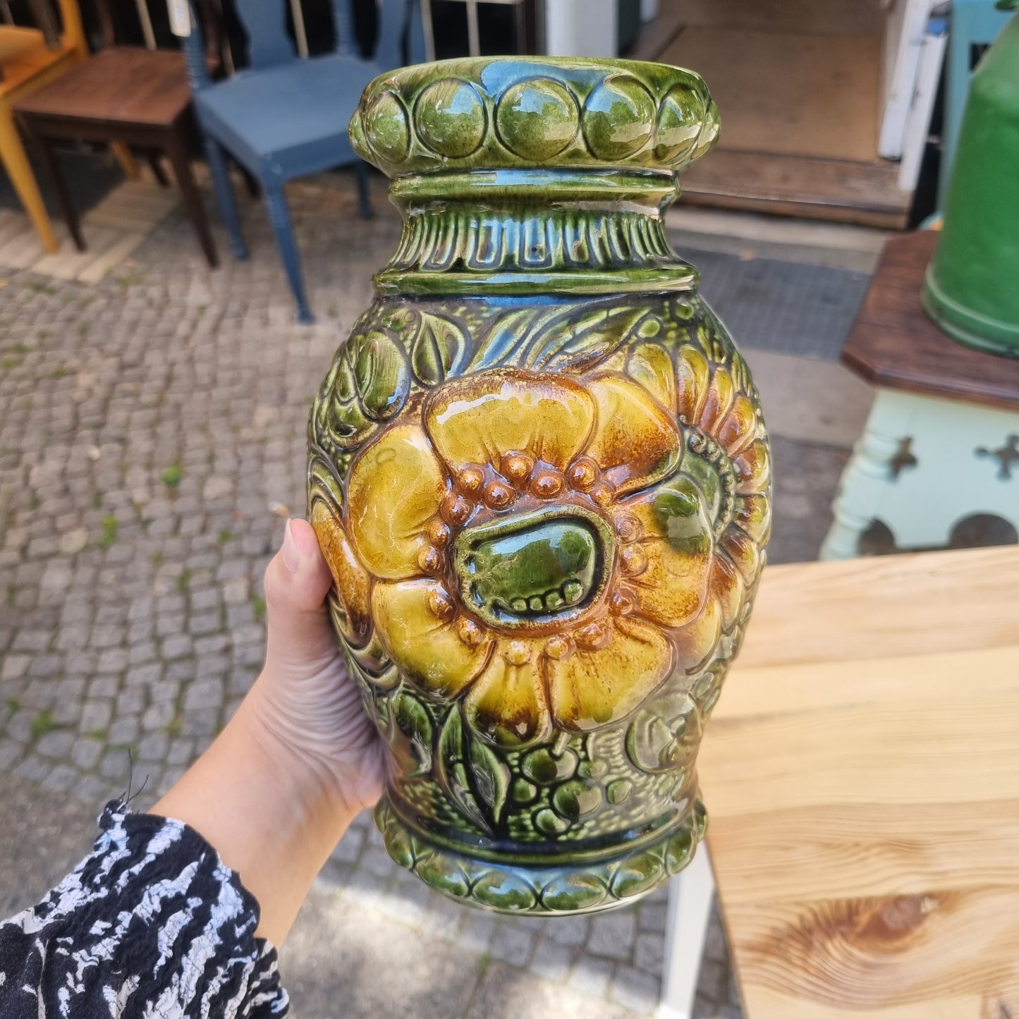 50er Jahre Keramik Vase Handmade grün Blumen Retro Vintage